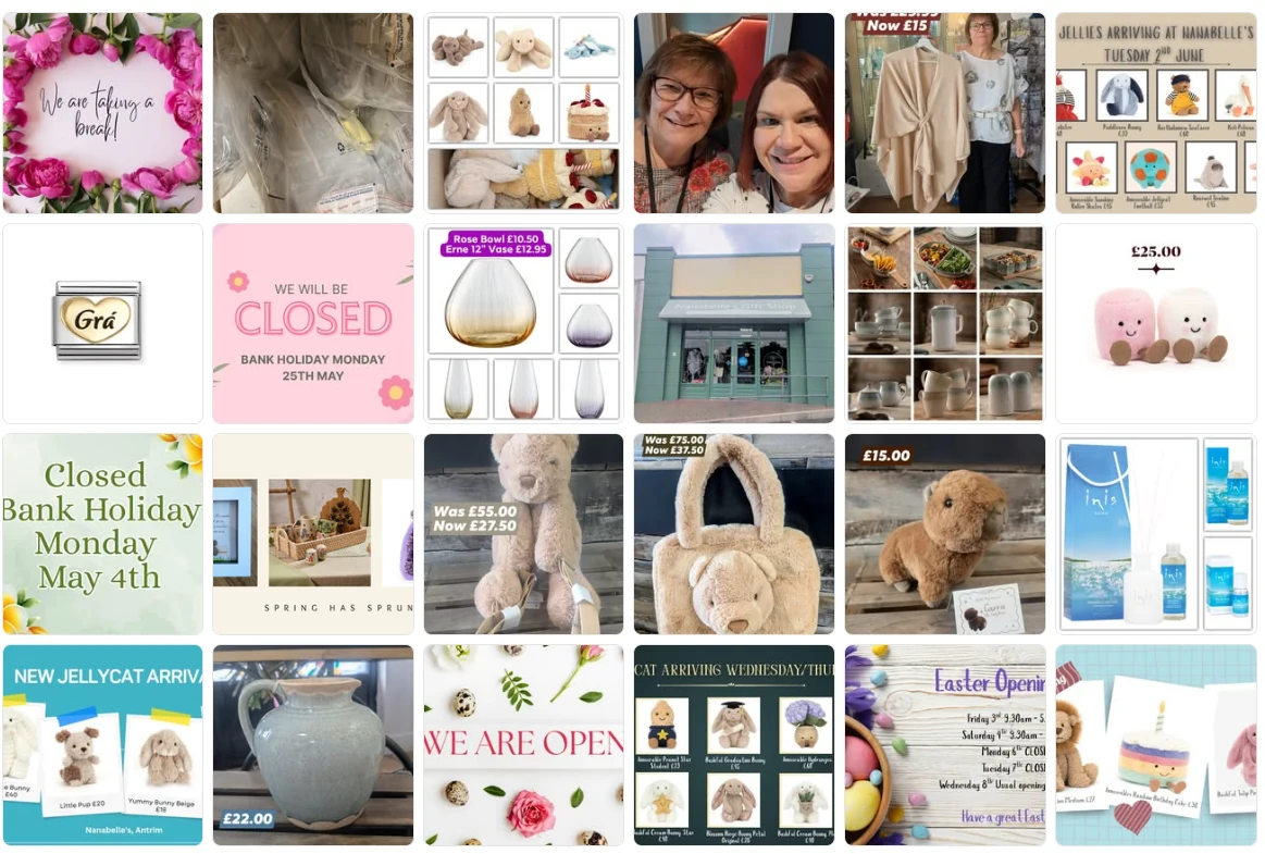 Nanabelle's social media posts featuring new arrivals, gifts and shop announcements